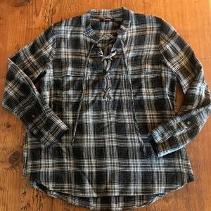 Madewell Plaid Lace Up Woman's Top in Black and White Size Small, Wool Blend